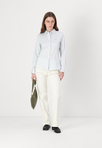 Camicia azzurro chiaro a righe con maniche lunghe. Abbinata a pantaloni bianchi e scarpe nere. Tiene in mano una borsa verde. Sfondo semplice.