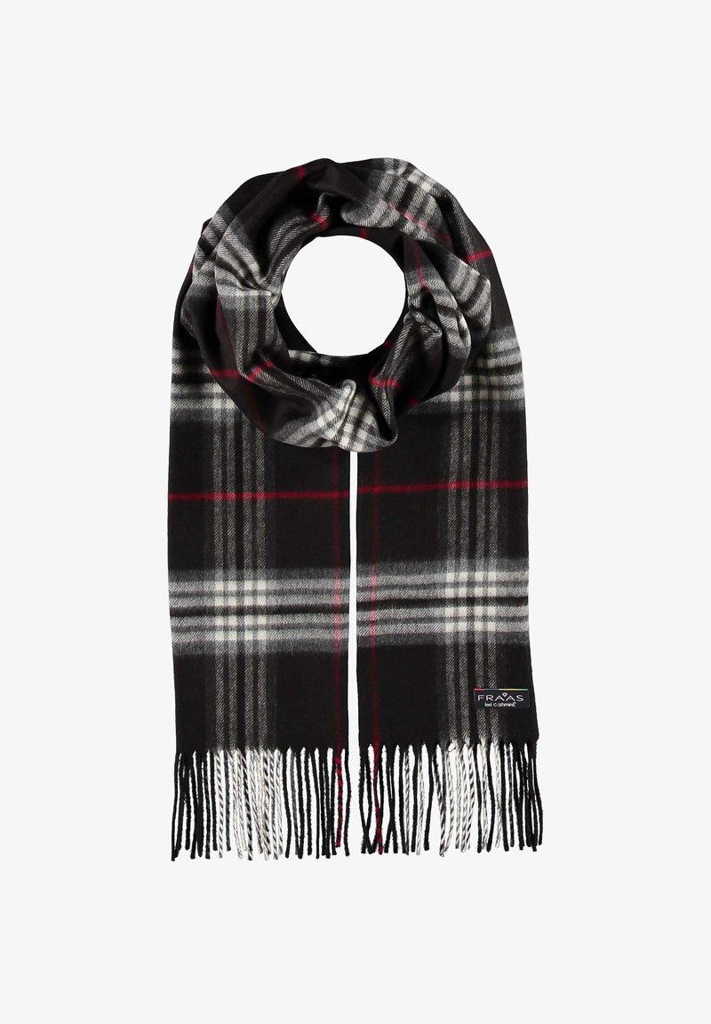 Écharpe à carreaux noire, grise, blanche et rouge avec des extrémités effilochées, enroulée en boucle avec une étiquette visible "Fraas".