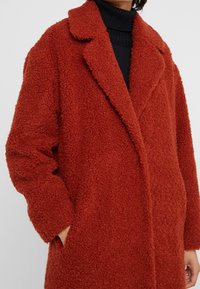 Roodbruine, fluffy jas met een reverskraag, lange mouwen en voorzakken. Zachte textuur voegt warmte en comfort toe.