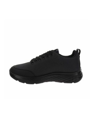 Scarpe da ginnastica nere con una parte superiore in mesh traspirante, punta rotonda, superficie texturizzata, suola ammortizzata e sei occhielli per i lacci.