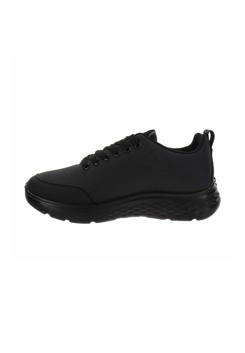 Zapatillas deportivas negras con una parte superior de malla transpirable, puntera redonda, superficie texturizada, suela acolchada y seis ojales para los cordones.