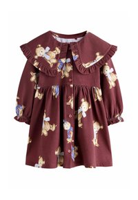 Robe bordeaux avec imprimé d'ours en peluche, col en dentelle, fermeture à boutons et poignets élastiqués. Fabriquée en coton avec une texture douce.