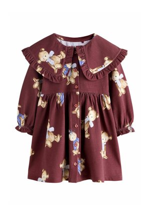 Bordeauxrotes Kleid mit Teddybaumuster, Rüschensaum, Knopfverschluss und elastischen Bündchen. Hergestellt aus Baumwolle mit einer weichen Textur.