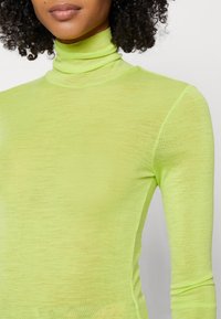 Limonengrünes, langärmeliges Turtleneck-Oberteil aus leichtem, halbtransparentem Stoff mit Slim-Fit und gerippter Textur.