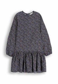 Sukienka z długim rękawem w ciemnoniebieskim materiale z kwiatowym wzorem, ozdobiona małymi, wielokolorowymi kwiatami oraz rozszerzanym, marszczonym dołem.