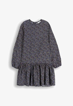 Sukienka z długim rękawem w ciemnoniebieskim materiale z kwiatowym wzorem, ozdobiona małymi, wielokolorowymi kwiatami oraz rozszerzanym, marszczonym dołem.