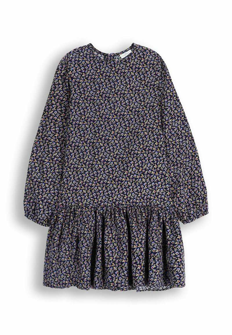 Sukienka z długim rękawem w ciemnoniebieskim materiale z kwiatowym wzorem, ozdobiona małymi, wielokolorowymi kwiatami oraz rozszerzanym, marszczonym dołem.