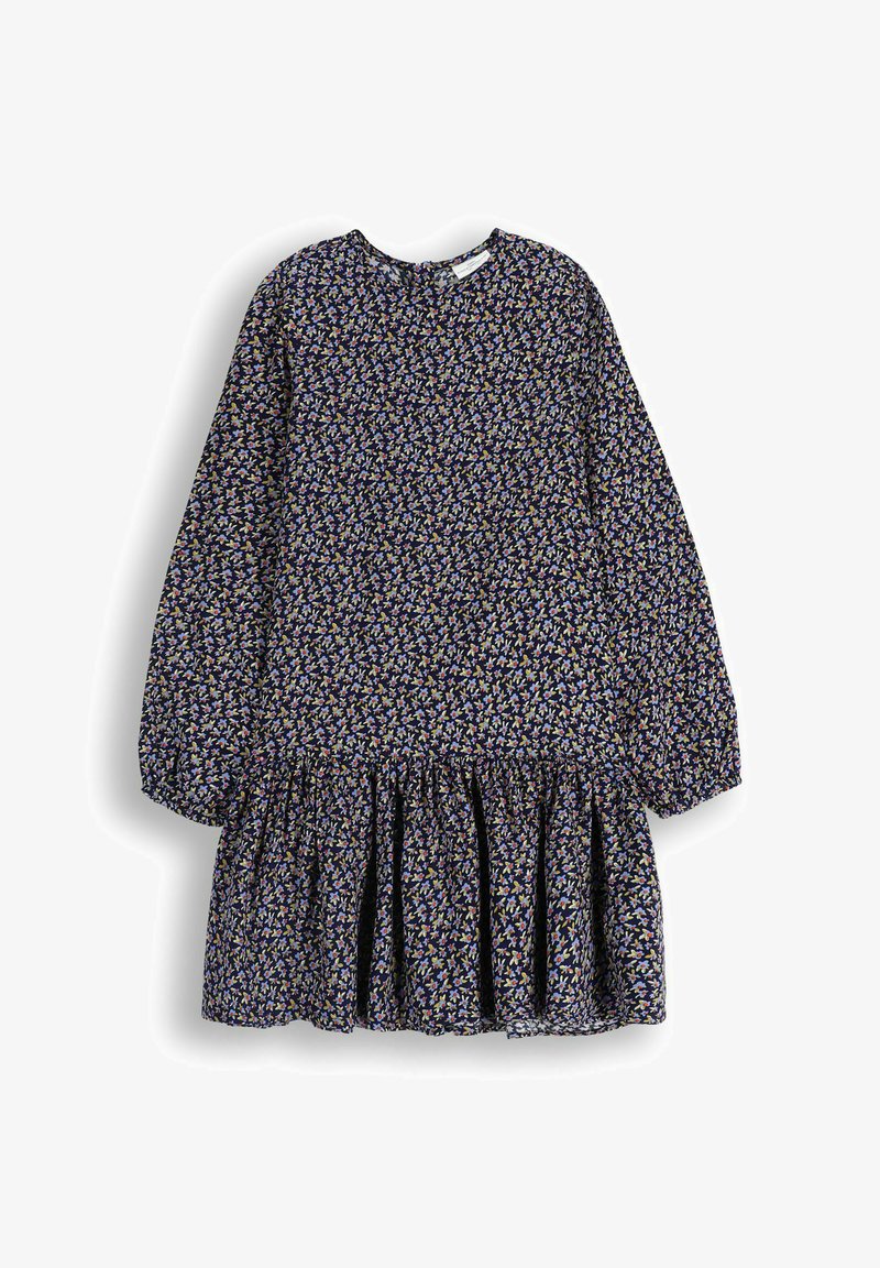 Sukienka z długim rękawem w ciemnoniebieskim materiale z kwiatowym wzorem, ozdobiona małymi, wielokolorowymi kwiatami oraz rozszerzanym, marszczonym dołem.
