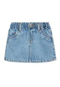 Vaalean sininen farkkuhame, jossa on joustava vyötärö, kaksi etutaskua ja saumojen viimeistely. Korostettu ompelu. Lyhyt A-linjainen malli.