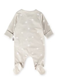 Body in cotone grigio per neonati con maniche lunghe, design con piedini, caratterizzato da un motivo con corone bianche su tutto il tessuto e un'etichetta sul lato.