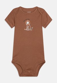 Bodysuit en coton brun pour bébé à manches courtes, avec un motif de lion et le texte "gars rugissant" dans des couleurs douces. Fermeture à pression en bas.