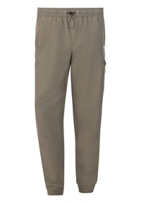 Elastic-waisted, khaki tech pants with zippered side pocket, tapered fit, and cuffed ankles. Smooth fabric with subtle sheen and minimal stitching.