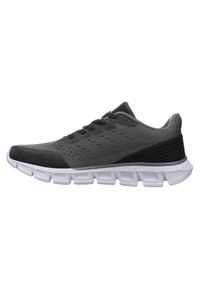 Black and gray athletic shoe with mesh upper, textured patterns, and a flexible white sole featuring segmented cushioning design.