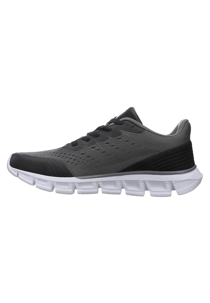 Black and gray athletic shoe with mesh upper, textured patterns, and a flexible white sole featuring segmented cushioning design.