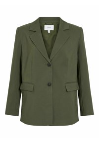 Blazer vert olive avec un revers cranté, deux poches avant et deux boutons noirs. Fabriqué dans un tissu lisse avec une coupe structurée.