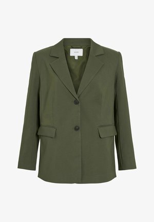 Olivenfarget blazer med notched lapel, to frontlommer og to svarte knapper. Laget av et glatt stoff med en strukturert passform.
