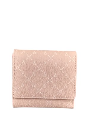 Portafoglio in pelle rosa chiaro con design piegato e un motivo sottile di linee incrociate e piccole forme a cuore.
