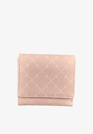 Portafoglio in pelle rosa chiaro con design piegato e un motivo sottile di linee incrociate e piccole forme a cuore.