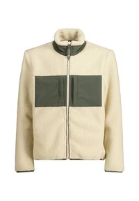 Giacca in pile color crema, con colletto alto, zip frontale e due pannelli trapuntati verde oliva sul petto. Texture morbida in tutto.