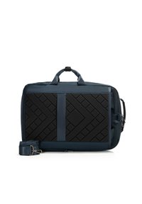 Marineblauwe sporttas met een gestructureerde zwart paneel waarop een geometrisch patroon is afgebeeld, dubbele bovenhandvatten en een afneembare schouderband voor veelzijdig gebruik.