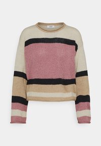 Maglione lavorato a maglia con righe orizzontali in rosa, nero, crema e beige. Collo rotondo e maniche lunghe con vestibilità comoda.