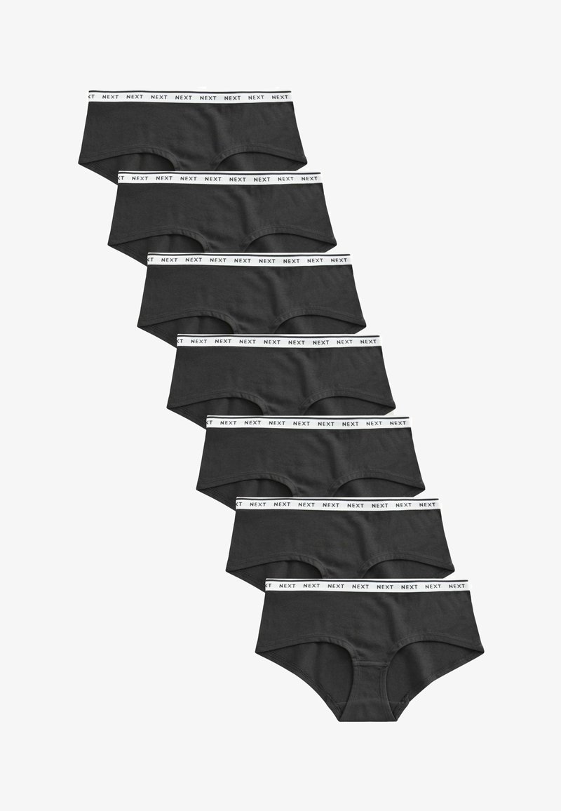 Pack of ten black cotton hipster panties featuring a white elastic waistband with 'NEXT' branding. Smooth texture, simple design.