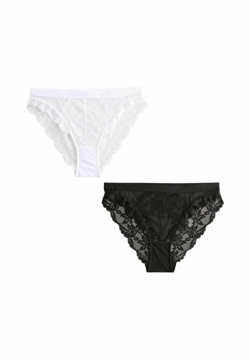 Ensemble de lingerie en dentelle noir et blanc. Comprend une bordure en dentelle florale, des bords festonnés et un panneau en mesh au centre pour ajouter de la texture.