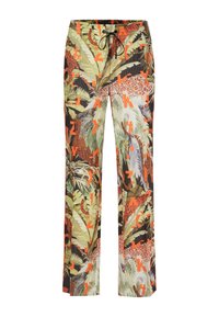 Patronen broek met een tropische print in groen, bruin en oranje accenten. Gemaakt van lichtgewicht materiaal, met een touwsluiting in de taille.