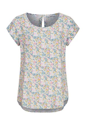 T-shirt à manches courtes avec un col rond, présentant un motif floral en rose, jaune et bleu sur un fond clair. Détail de clé à l'arrière.