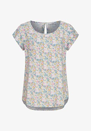 Lühikeste varrukate ja ümarate kaelustega topp, millel on lilleline muster roosa, kollase ja sinise värviga heledal taustal. Seljaosa avaga detail.