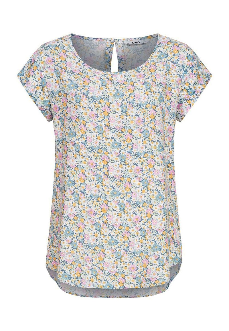 T-shirt à manches courtes avec un col rond, présentant un motif floral en rose, jaune et bleu sur un fond clair. Détail de clé à l'arrière.