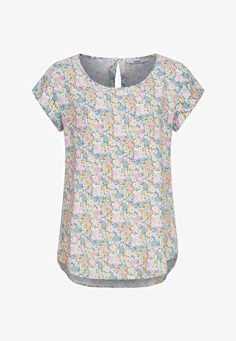 Short-sleeved top with a rounded neckline, featuring a floral pattern in pink, yellow, and blue on a light background. Keyhole back detail.