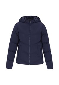 Jachetă puffer albastru marin cu glugă, având un fermoar complet pe față, două buzunare laterale și un design matlasat cu cusături orizontale.