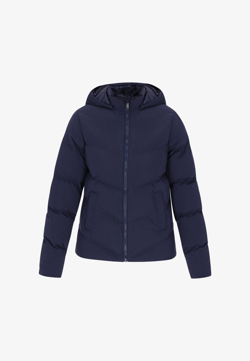 Jachetă puffer albastru marin cu glugă, având un fermoar complet pe față, două buzunare laterale și un design matlasat cu cusături orizontale.