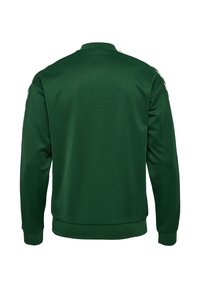 Tummanvihreä, pitkähihainen pyöreäkauluksinen collegepaita, jossa ribbiresorit hihoissa ja helmassa, kuvattuna takaa valkoisella taustalla.