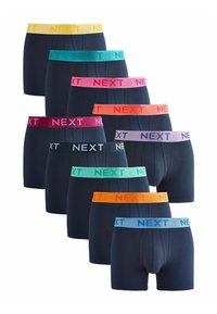 Nyolc darabból álló sötétkék boxer alsó szett, színes rugalmas derékpántokkal, melyeken a "NEXT" logó található sárga, rózsaszín, korall, zöld és kék színekben.