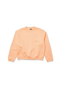 Sweatshirt pêche avec un col rond, des manches longues, des poignets et un ourlet côtelés, arborant un petit logo brodé sur la poitrine. Texture lisse.
