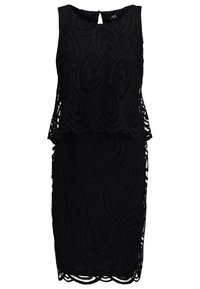 Robe noire sans manches avec une superposition en dentelle texturée présentant des motifs tourbillonnants, un ourlet festonné et une fermeture au dos avec une ouverture en forme de goutte.