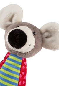 Gray plush koala head with large ears, round nose, and black eyes; multicolored striped and heart-patterned body, soft fabric texture.