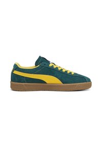 Green suede sneakers with yellow laces and side stripe, featuring a light yellow lining and a brown rubber sole. Classic low-top design.