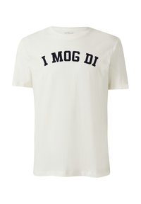 Weißes Baumwoll-T-Shirt mit kurzen Ärmeln und rundem Ausschnitt. Mit marineblauer, gestickter Schrift "I MOG DI" auf der Brust.