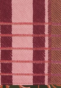 Mehrfarbiger Stoff mit einem karierten Muster. Enthält abwechselnd pinkfarbene und dunkelrote Quadrate, mit dünnen Nähten, die jedes Quadrat umreißen.