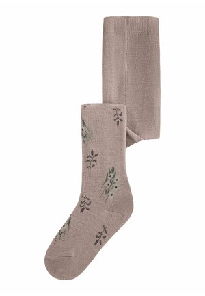 Chaussette taupe montante avec petits motifs floraux verts et marron, montrée pliée avec une chaussette chevauchant l'autre.