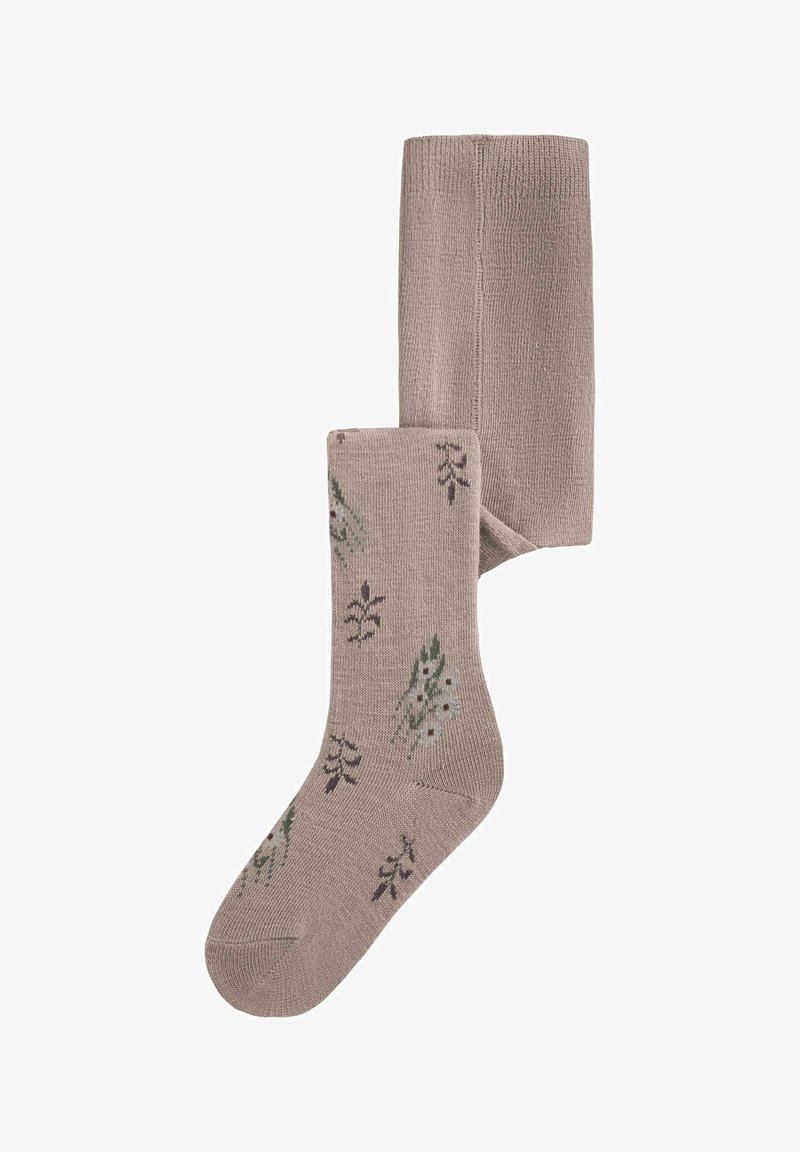 Chaussette taupe montante avec petits motifs floraux verts et marron, montrée pliée avec une chaussette chevauchant l'autre.