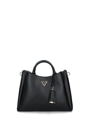 Borsa a tracolla nera in materiale sintetico con un design strutturato, caratterizzata da un logo triangolare, hardware argentato e un'etichetta rimovibile. Texture liscia.