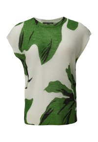 Vihreä ja valkoinen neulepaita, jossa on suuria lehtikuvioita, pyöreä pääntie ja lyhyet hihat, sekä teksturoitu pinta ja pehmeä kangas.