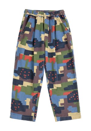 Pantalon ample avec taille élastique, poches latérales et motif camouflage pixellisé multicolore en vert, bleu, beige, marron et rouge.