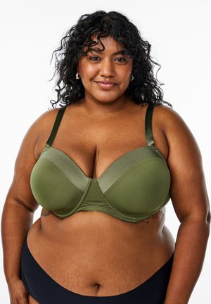 Olive green underwire bra with smooth fabric, v-shaped cups, and adjustable satin straps. Seamless design complements the body shape.