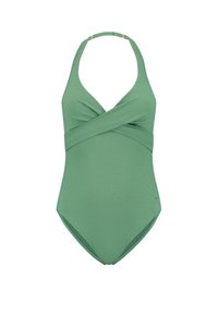 Zelené jednodílné plavky s texturovaným povrchem, designem do kříže na poprsí a zavazováním za krkem. Obsahují jemné zlaté detaily.