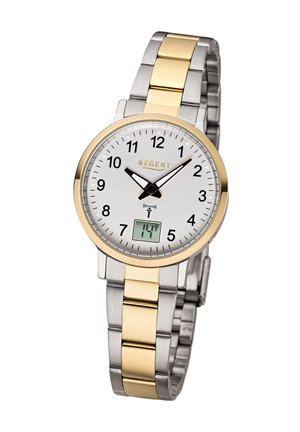 Montre analogique à quartz avec un cadran argenté, des index horaires noirs, une lunette en ton doré et un bracelet en acier inoxydable argent-or. Affichage numérique à 6 heures.